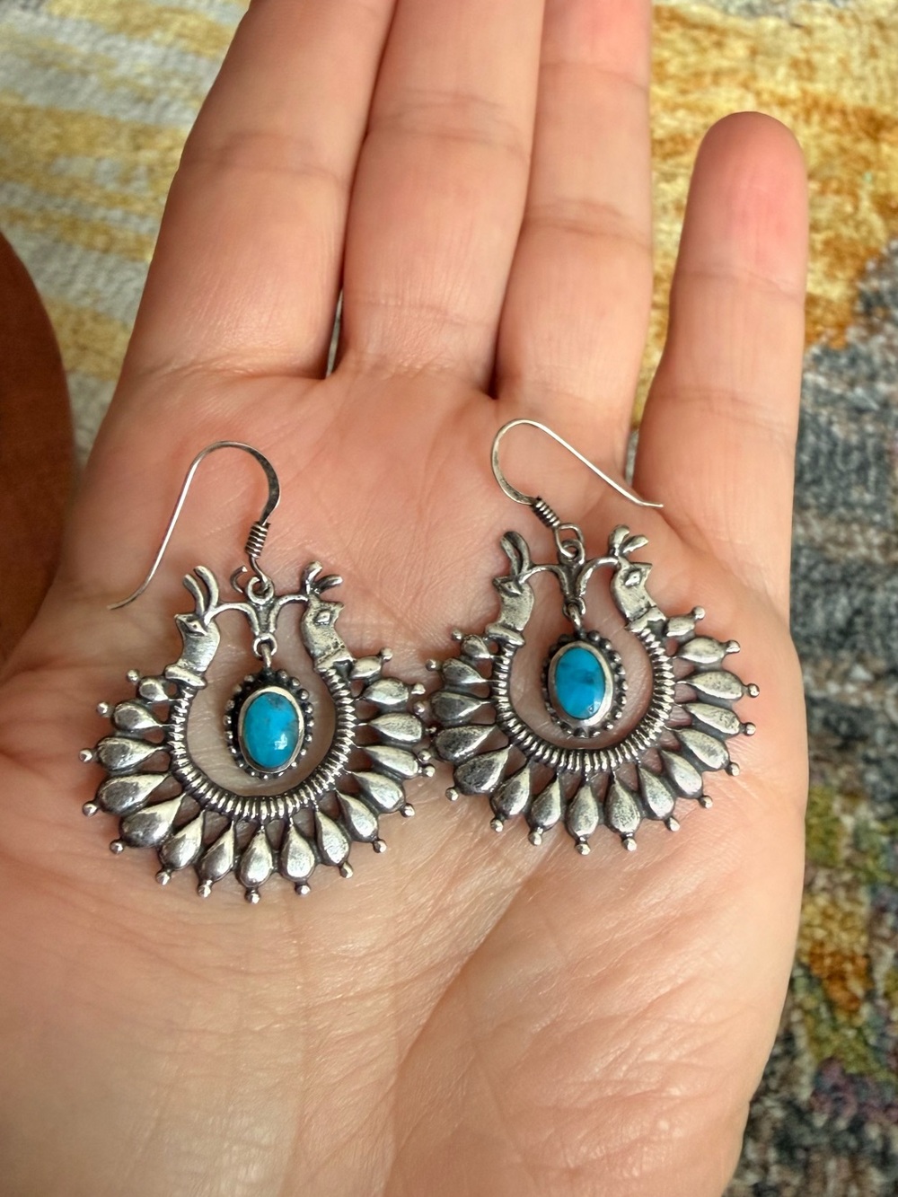 Vintage Sterling 925 Turquoise Peacock Sunburst Drop Earrings